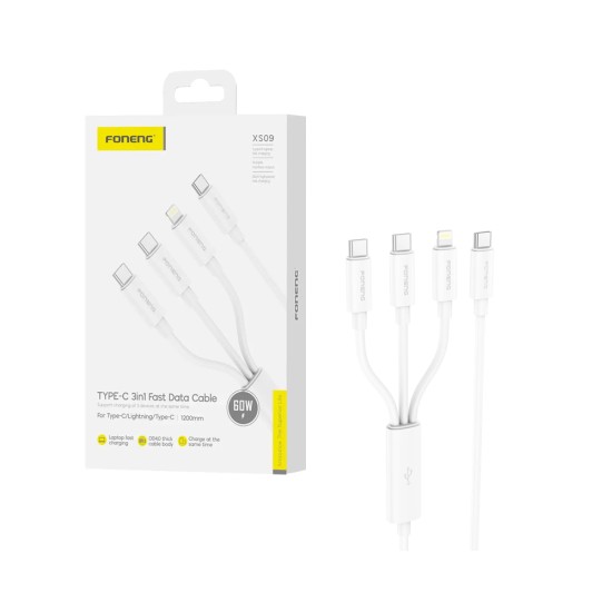 Cabo 3 em 1 Foneng XS09 Tipo-c to (2 Tipo-C+Lightning) 60W 1,2M Branco